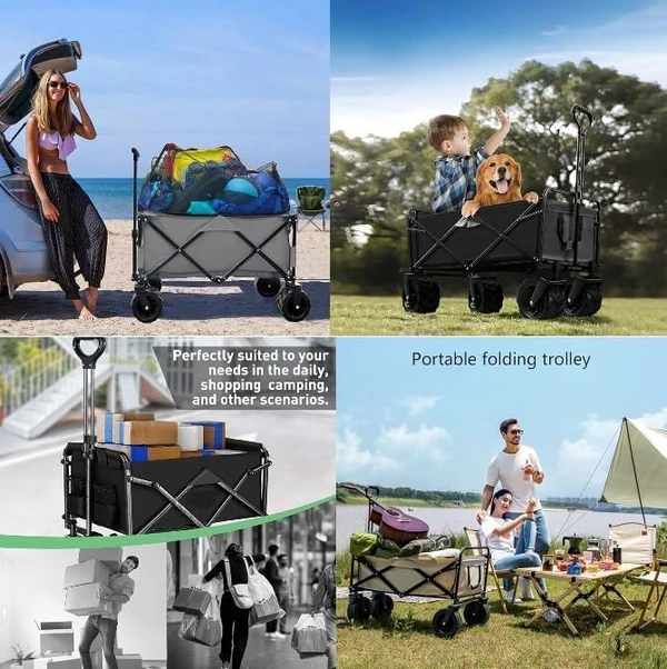Folding Wagon, Portable with W Heels, 80kg, Pet Transport Wagon, Wide, 360 Wheels, Outdoor & Shopping