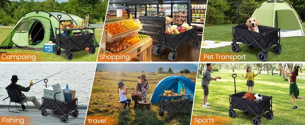 Folding Wagon, Portable with W Heels, 80kg, Pet Transport Wagon, Wide, 360 Wheels, Outdoor & Shopping
