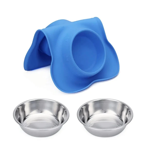 2 Stainless Steel Dog & Cat Bowls with Non-Slip Silicone Mat – Food & Water Feeder for Pets