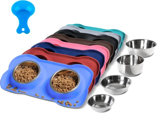 2 Stainless Steel Dog & Cat Bowls with Non-Slip Silicone Mat – Food & Water Feeder for Pets