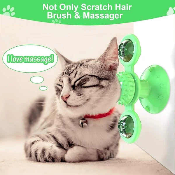 Windmill Rotating Cat Toy with 2 Catnip Balls & Suction Cup – Interactive Spinning Toy & Massager for Indoor Cats - Green