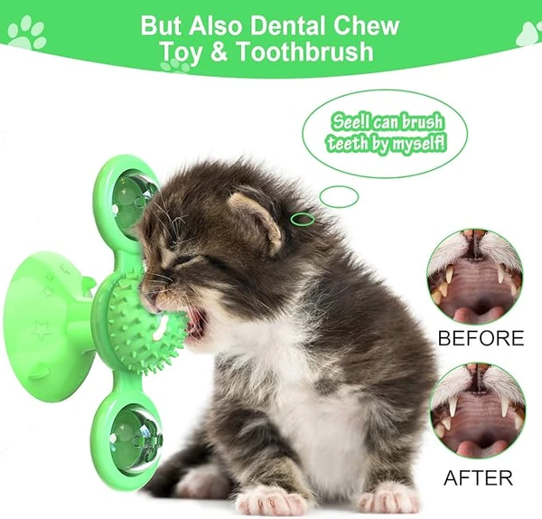 Windmill Rotating Cat Toy with 2 Catnip Balls & Suction Cup – Interactive Spinning Toy & Massager for Indoor Cats - Green