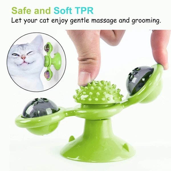 Windmill Rotating Cat Toy with 2 Catnip Balls & Suction Cup – Interactive Spinning Toy & Massager for Indoor Cats - Green