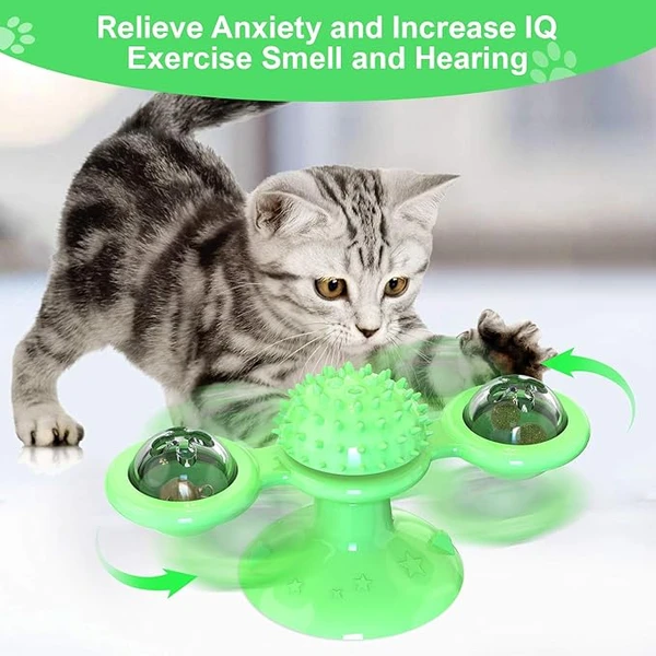 Windmill Rotating Cat Toy with 2 Catnip Balls & Suction Cup – Interactive Spinning Toy & Massager for Indoor Cats - Green