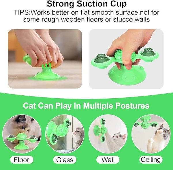 Windmill Rotating Cat Toy with 2 Catnip Balls & Suction Cup – Interactive Spinning Toy & Massager for Indoor Cats - Green