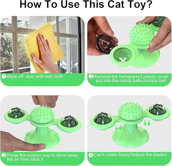 Windmill Rotating Cat Toy with 2 Catnip Balls & Suction Cup – Interactive Spinning Toy & Massager for Indoor Cats - Green