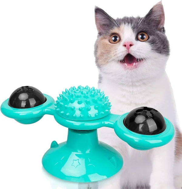 Windmill Rotating Cat Toy with 2 Catnip Balls & Suction Cup – Interactive Spinning Toy & Massager for Indoor Cats