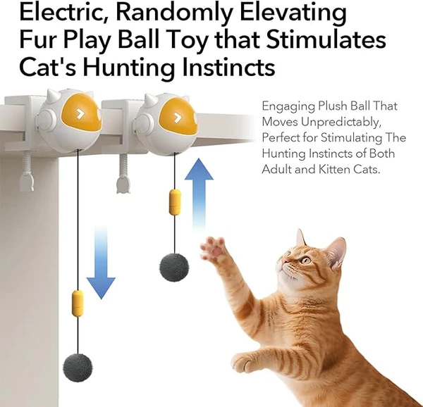 Automatic Interactive Cat Toy with Fluffy Ball – Rising & Falling Motion Teaser for Indoor Cats | Battery Operated, No-Drill Installation