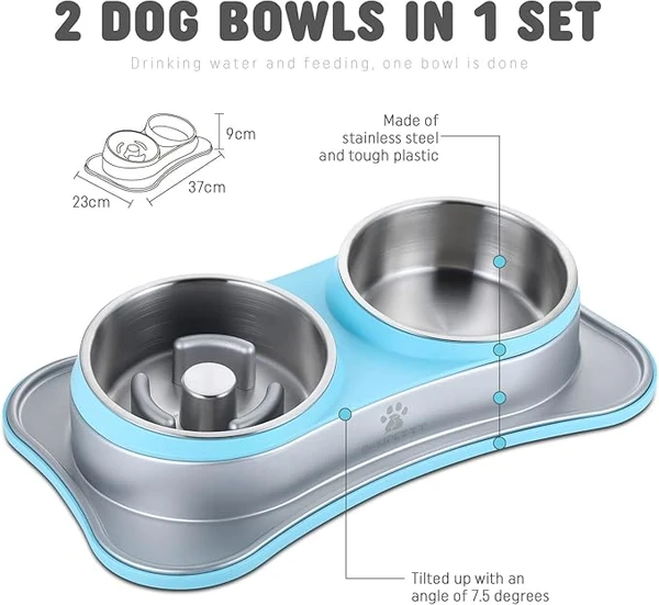 DOKIPETTY Premium Stainless Steel Double Pet Bowl Set – 2-in-1 Food & Water Feeder for Cats and Dogs | Non-Slip Feeding Station - Blue