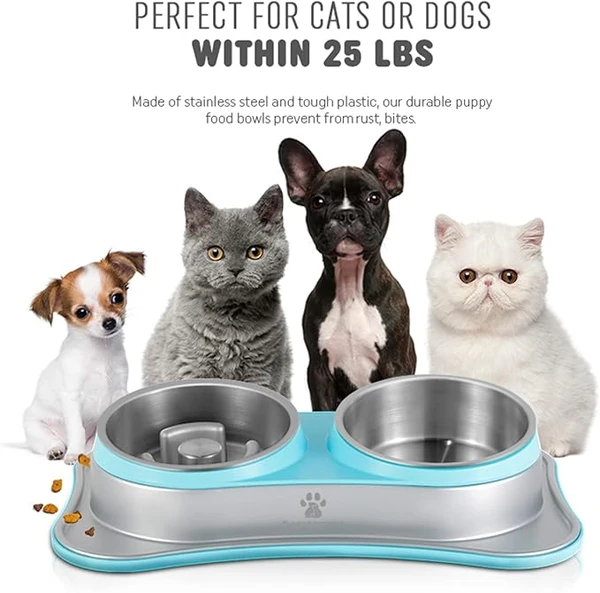 DOKIPETTY Premium Stainless Steel Double Pet Bowl Set – 2-in-1 Food & Water Feeder for Cats and Dogs | Non-Slip Feeding Station - Blue