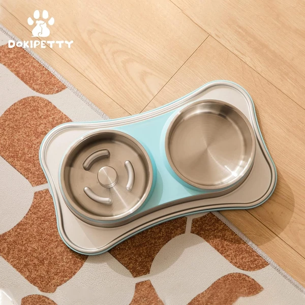 DOKIPETTY Premium Stainless Steel Double Pet Bowl Set – 2-in-1 Food & Water Feeder for Cats and Dogs | Non-Slip Feeding Station - Blue