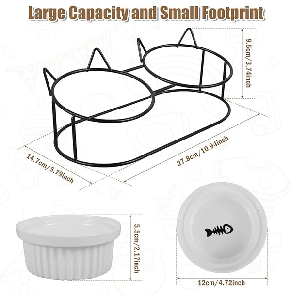 Elevated Ceramic Cat Bowls with Metal Stand – Tilted Anti-Vomiting Raised Food & Water Bowls for Cats and Small Dogs