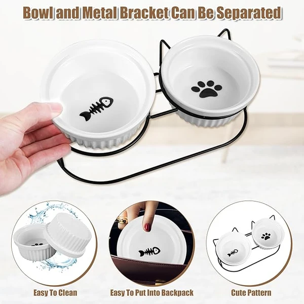 Elevated Ceramic Cat Bowls with Metal Stand – Tilted Anti-Vomiting Raised Food & Water Bowls for Cats and Small Dogs