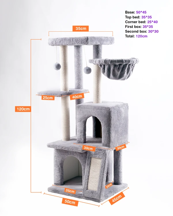 Cat House Multi-Level Cat Tree 120cm – Dual Condos, Hammock, Sisal Posts & Play Platforms 10075