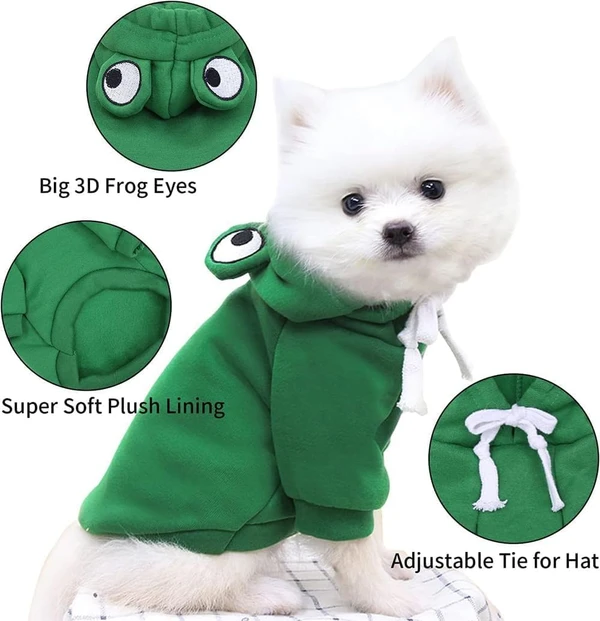 Small Dog & Cat Hoodie – Frog Design | 44cm Chest, Warm Fleece Winter Sweatshirt for Small Dogs & Medium Cats (Size:S)