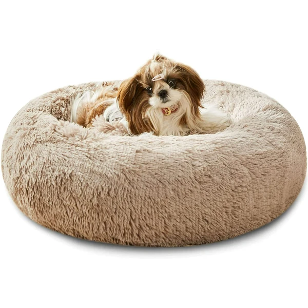 Round Plush Soft Pet Bed 50 cm – Donut Bed for Cats & Small Dogs (Up to 33 cm Length), Non-Slip & Washable - Grey