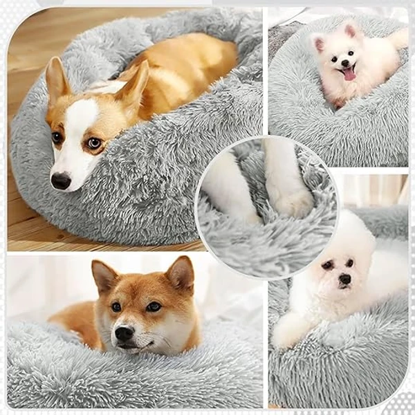 Round Plush Soft Pet Bed 50 cm – Donut Bed for Cats & Small Dogs (Up to 33 cm Length), Non-Slip & Washable - Grey