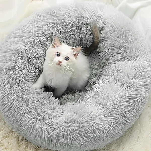 Round Plush Soft Pet Bed 60 cm – Donut Bed for Cats & Medium Small Dogs (Up to 40 cm Length), Washable & Non-Slip