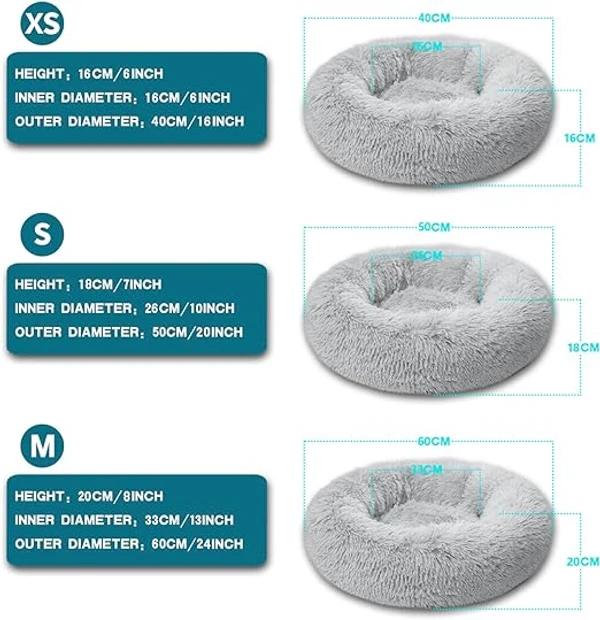 Round Plush Soft Pet Bed 60 cm – Donut Bed for Cats & Medium Small Dogs (Up to 40 cm Length), Washable & Non-Slip