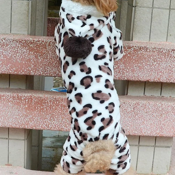 Leopard Winter Pet Jumpsuit – Soft Fleece Hoodie Pajamas for Dogs (Chest 50 cm, Neck 30 cm, Length 37 cm)