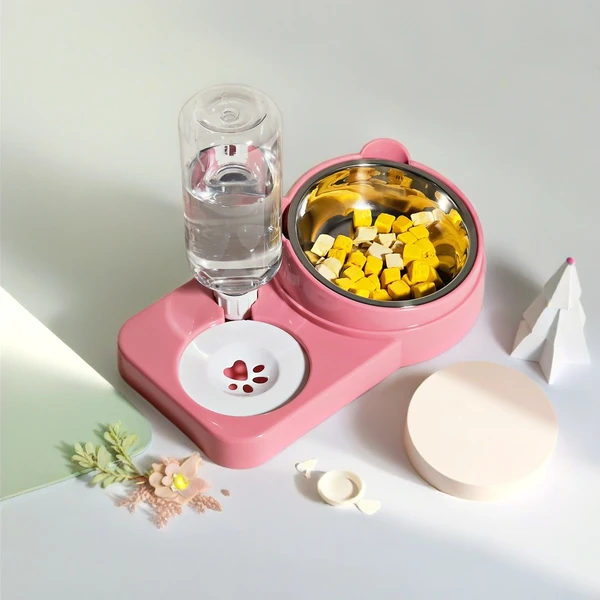 2-in-1 Pet Food and 500ml Water Dispenser for Dogs & Cats