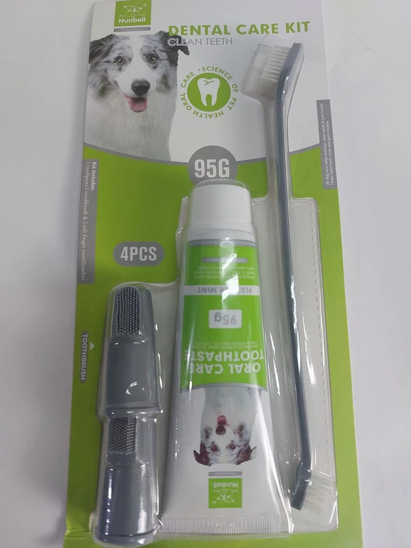 Nunbell Dental Care Kit for Dogs – Mint Flavor Toothpaste 95g with 1 Dual-ended and 2 Soft Finger Toothbrushes