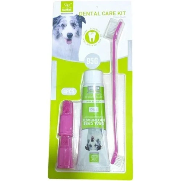 Nunbell Dental Care Kit for Dogs – Mint Flavor Toothpaste 95g with 1 Dual-ended and 2 Soft Finger Toothbrushes