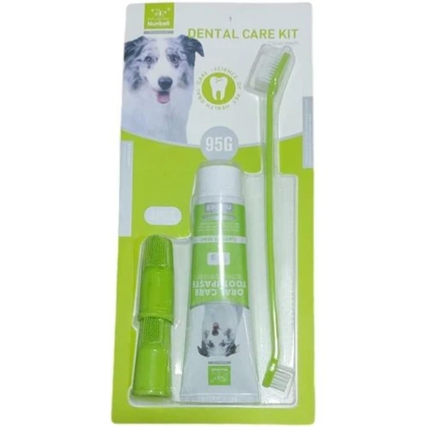 Nunbell Dental Care Kit for Dogs – Mint Flavor Toothpaste 95g with 1 Dual-ended and 2 Soft Finger Toothbrushes