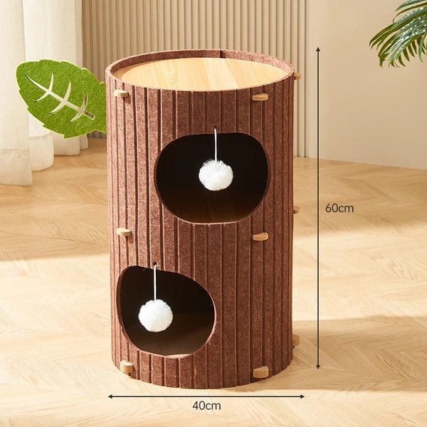 Foldable Tree-Shaped Felt Cat House & Scratching Post – 2-Level Warm Cave Bed for Indoor Cats AK219 (Brown)