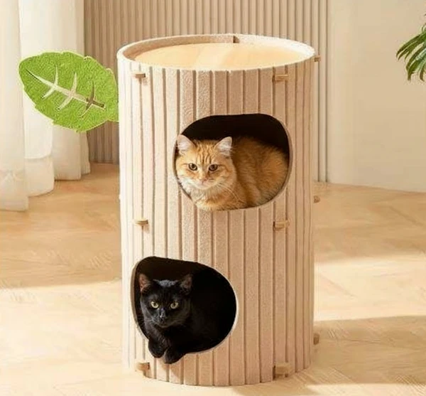 Foldable Tree-Shaped Felt Cat House & Scratching Post – 2-Level Warm Cave Bed for Indoor Cats AK219 (Brown)