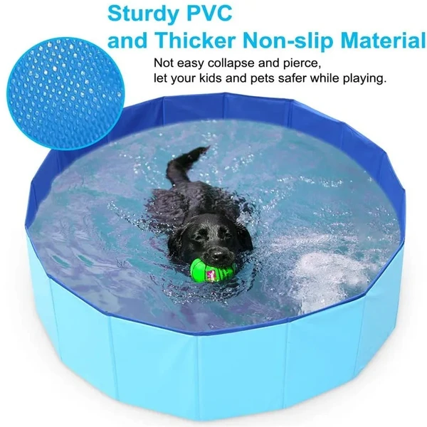 Portable PVC Pet Swimming Pool & Bathtub, Waterproof, Foldable, Indoor & Outdoor for Dogs (Blue-80cm)