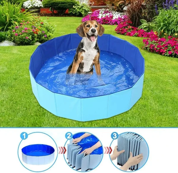 Portable PVC Pet Swimming Pool & Bathtub, Waterproof, Foldable, Indoor & Outdoor for Dogs (Blue-80cm)