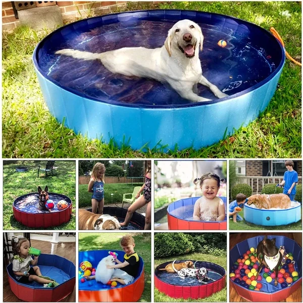 Portable PVC Pet Swimming Pool & Bathtub, Waterproof, Foldable, Indoor & Outdoor for Dogs (Blue-80cm)