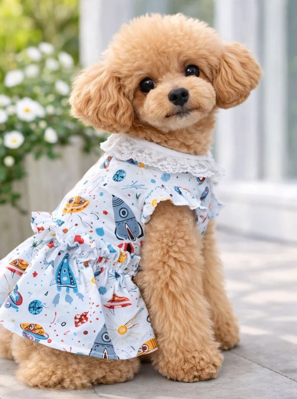 Pet Dress for Dogs & Cats – Outfit with Lace Collar & Ruffle Sleeves (Size:M)