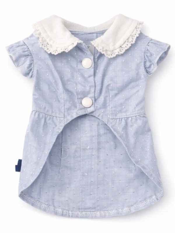Light Blue Pet Dress for Small Dogs & Cats – Lace Collar Outfit with Buttons & Pocket Bows (Size: S)