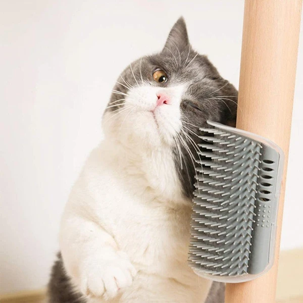 Plastic Self Grooming Hair Remover Cat Brush Corner Design with Catnip - Grey