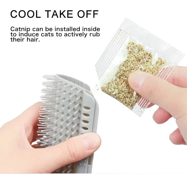 Plastic Self Grooming Hair Remover Cat Brush Corner Design with Catnip - Grey