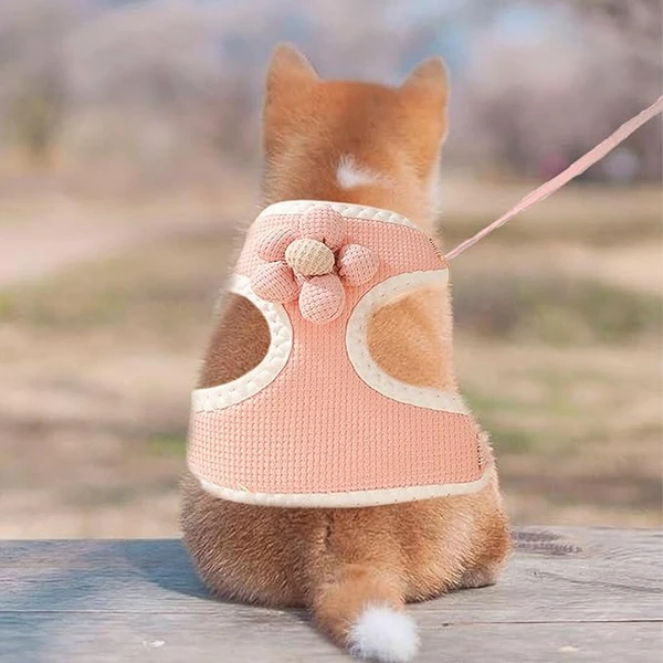 Adjustable Pet Harness Vest & Leash Lightweight Soft Mesh Breathable with Cute Flower for Dogs & Cats