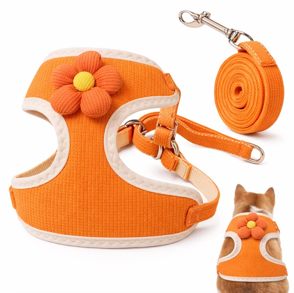 Adjustable Pet Harness Vest & Leash Lightweight Soft Mesh Breathable with Cute Flower for Dogs & Cats