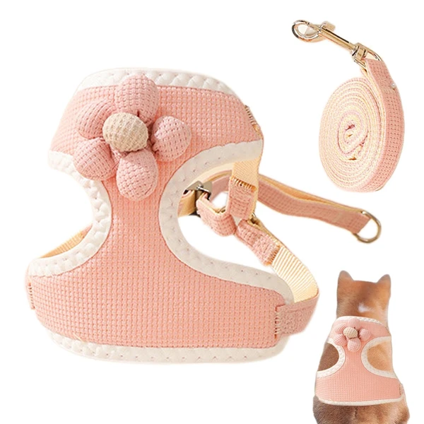 Adjustable Pet Harness Vest & Leash Lightweight Soft Mesh Breathable with Cute Flower for Dogs & Cats
