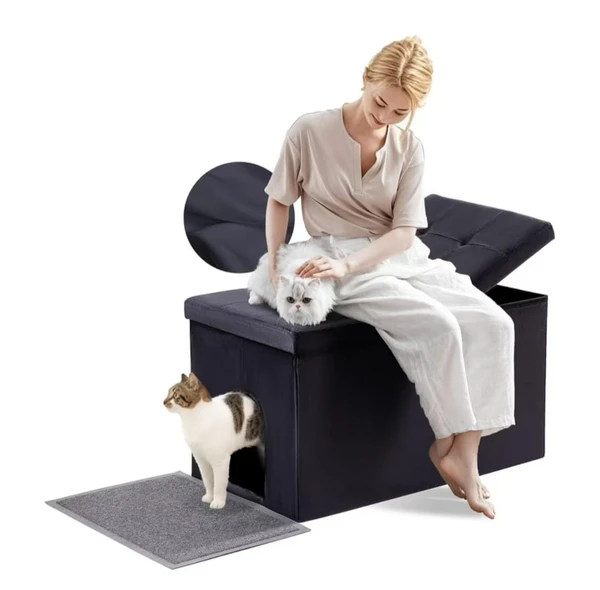 Hidden Litter Box Enclosure Furniture – Multifunctional Cat House Waterproof Cabinet &Storage Bench(Black Velvet)
