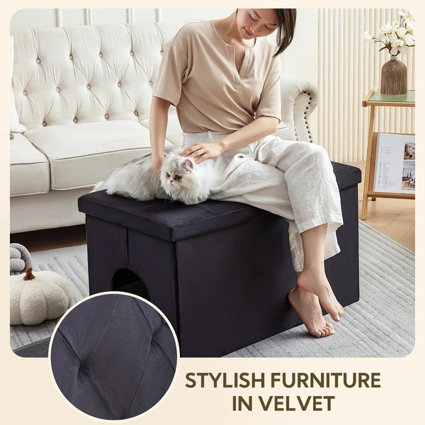 Hidden Litter Box Enclosure Furniture – Multifunctional Cat House Waterproof Cabinet &Storage Bench(Black Velvet)