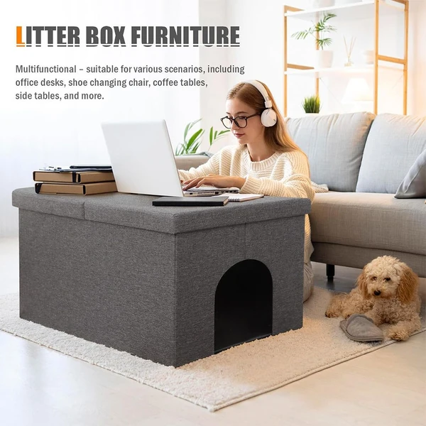 Hidden Litter Box Enclosure Furniture – Multifunctional Cat House Waterproof Cabinet &Storage Bench(Black Velvet)