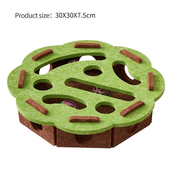 Interactive Soft Felt Cat Puzzle Toy Round Maze Box with 2 Plastic Balls for Indoor Cats (Green)