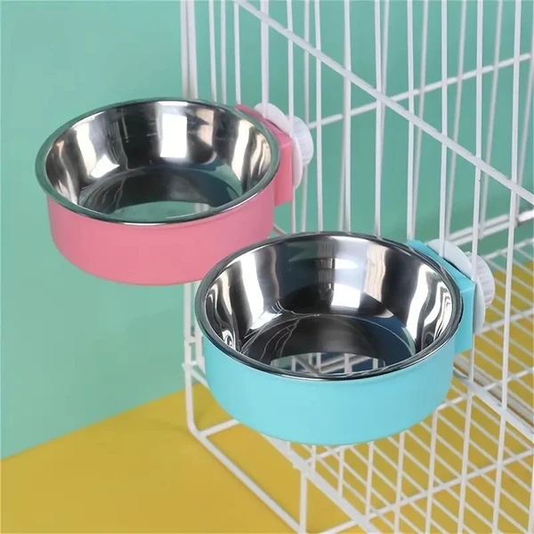 Detachable Round Pet Hanging Plastic Bowl with Stainless Steel Internal Bowl Suitable for Dog Cage