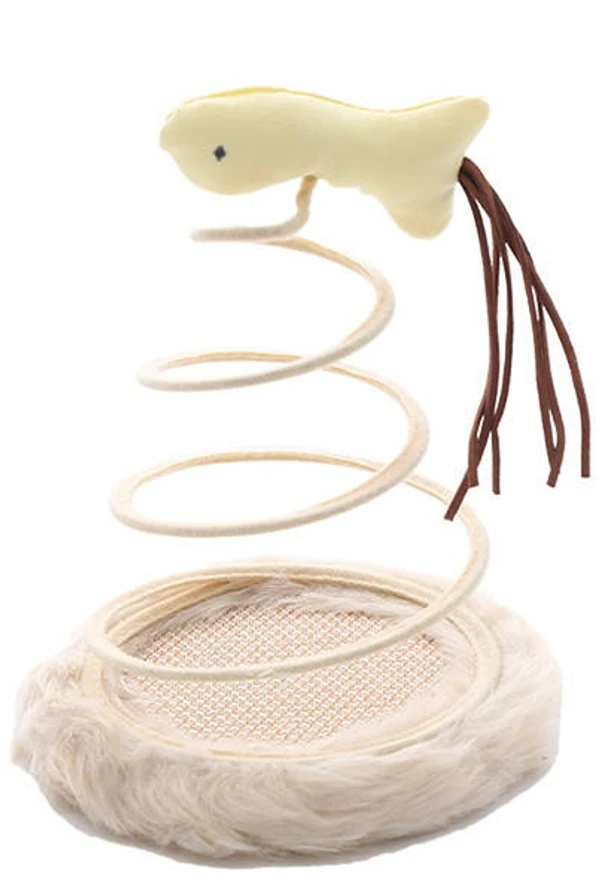 Linen Cat Scratching Board with Spiral Steel Wire Spring and Funny Plush Toy (Beige)