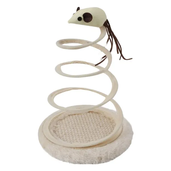 Linen Cat Scratching Board with Spiral Steel Wire Spring and Funny Plush Toy (Beige)