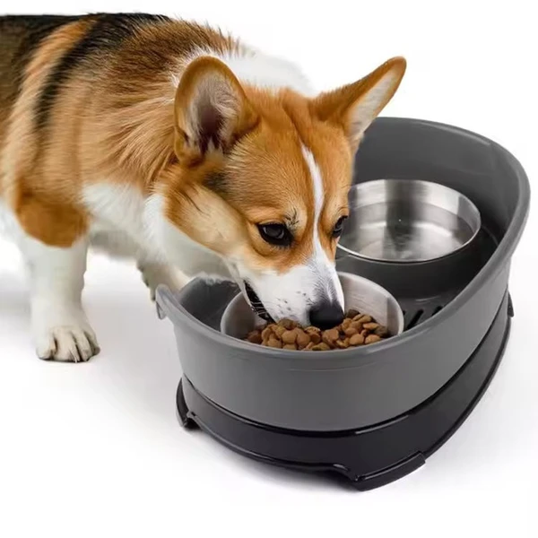 Stainless Steel Pet Double Bowl Food & Water Feeder for Cats and Dogs (Grey/Black)