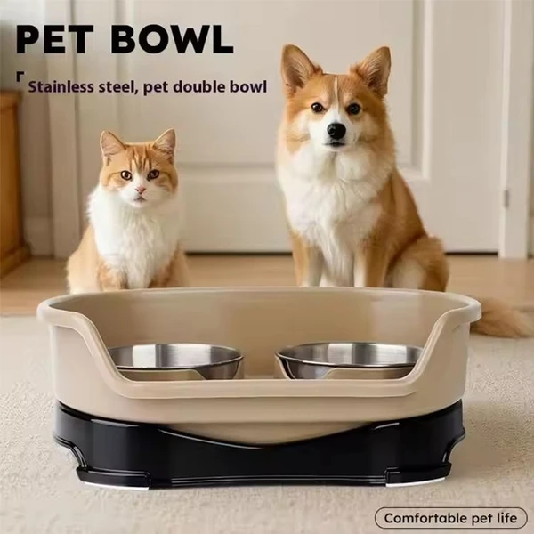 Stainless Steel Pet Double Bowl Food & Water Feeder for Cats and Dogs (Grey/Black)