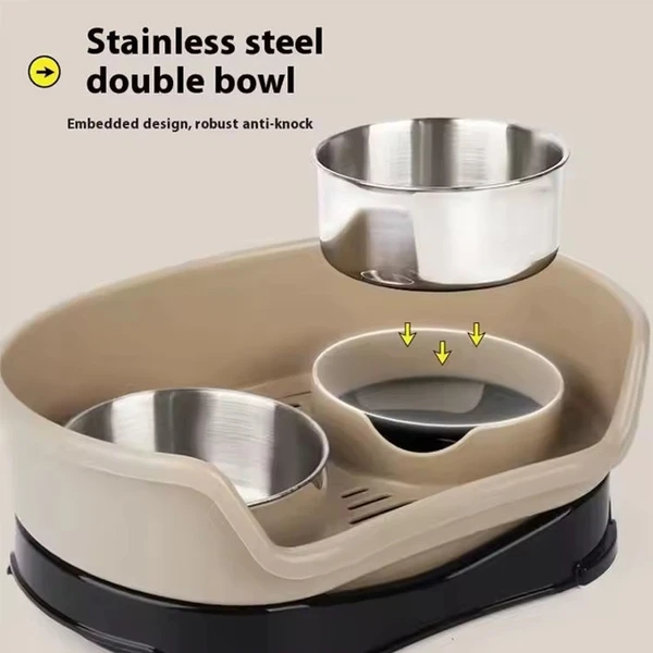 Stainless Steel Pet Double Bowl Food & Water Feeder for Cats and Dogs (Grey/Black)